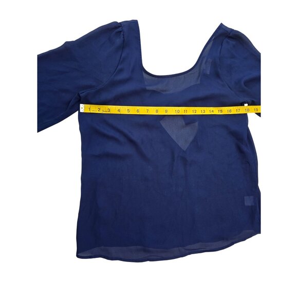 Everly Sheer Navy Blouse With Bow Detail & 3/4 Sleeves M Polyester Womens Top - Picture 6 of 6